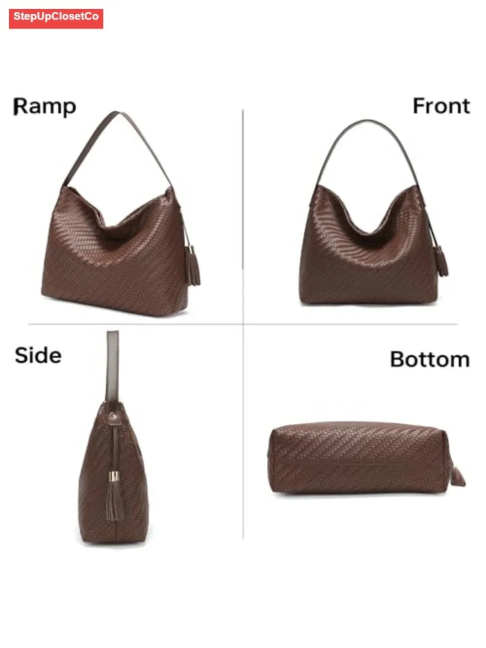 Handwoven Faux Leather Hobo Tote Bag with Tassel, Adjustable Straps, Large